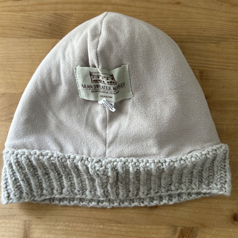 Aran Sweater Market Hat Cream/Grey Cable Knit Wool Knit Fleece Lined Beanie OS - Picture 6 of 8